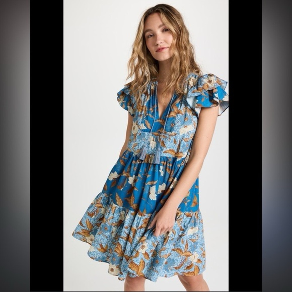 Ulla Johnson sz 6 Gail Tiered Floral-Print Cotton-Blend Dress Blue Bohemian